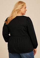 Plus Size Textured Bow Tie V Neck Top, BLACK, small