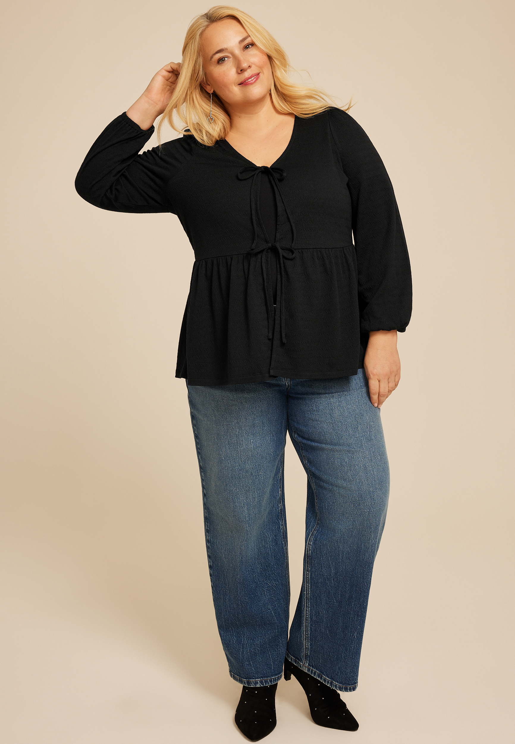 Plus Size Textured Bow Tie V Neck Top, BLACK, large