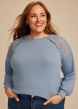 Plus Size Lace Shoulder Raglan Top, C1149, small