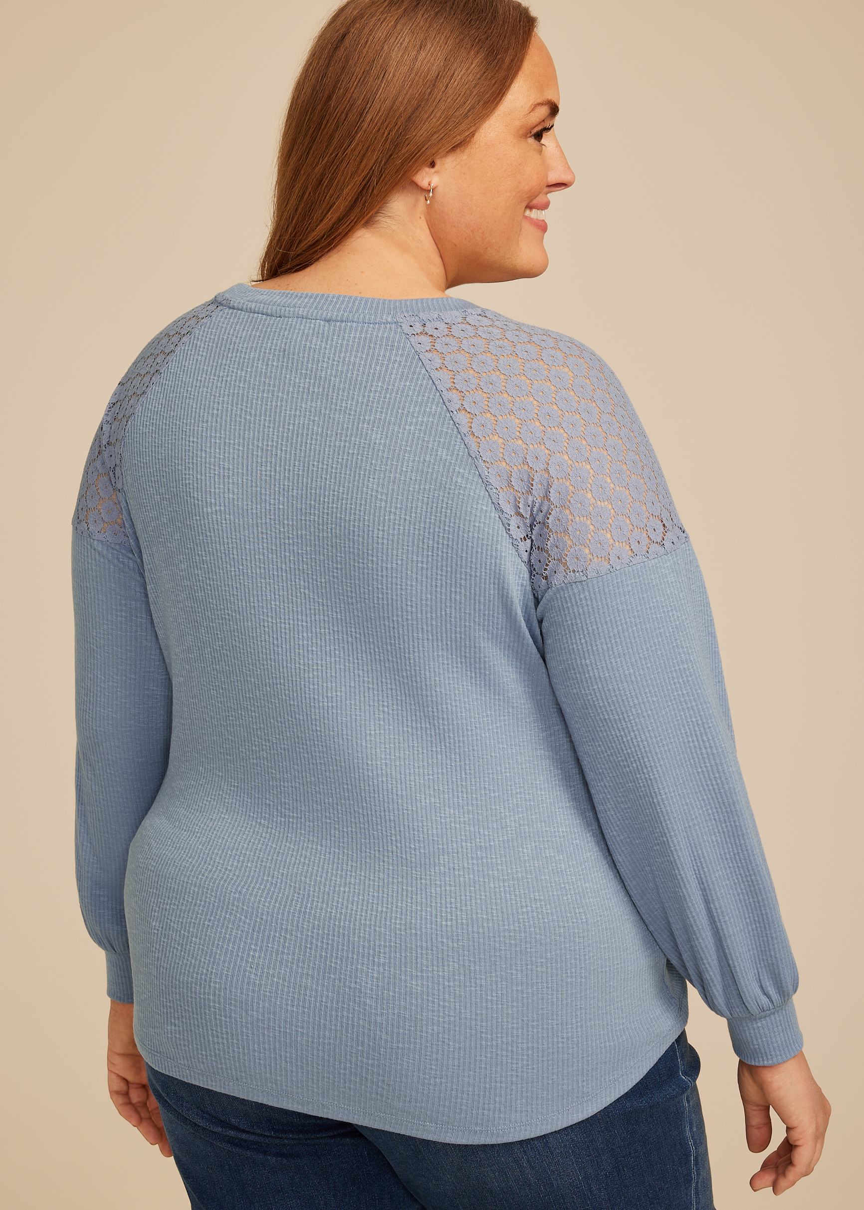 Plus Size Lace Shoulder Raglan Top, C1149, large