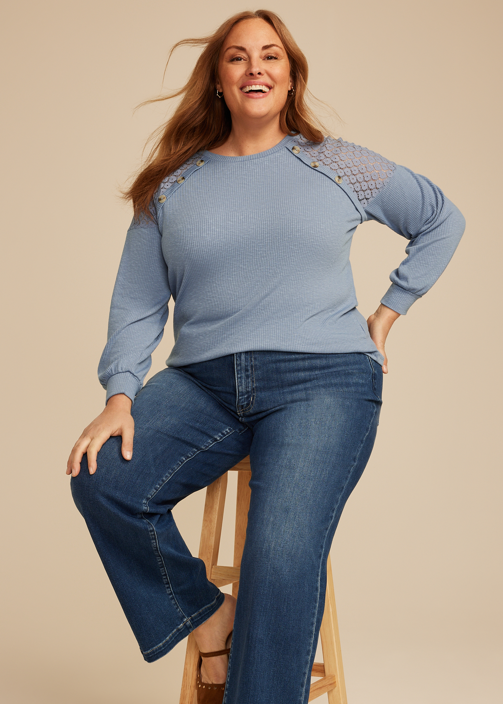 Plus Size Lace Shoulder Raglan Top, C1149, large