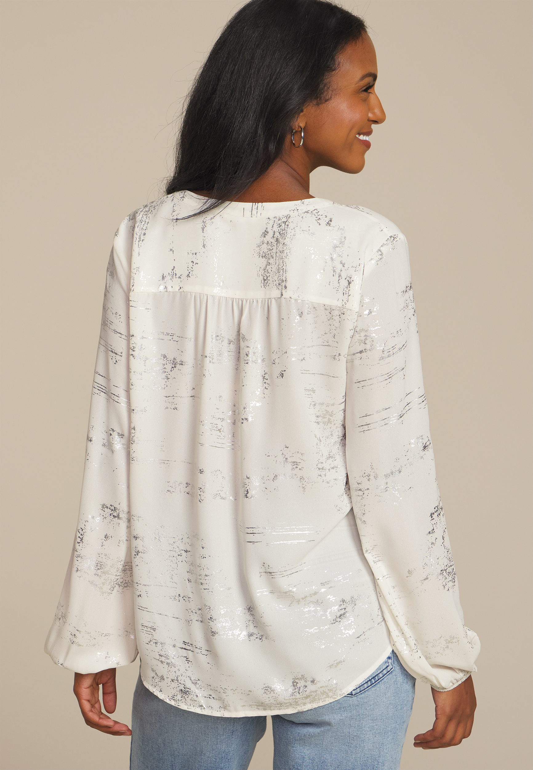 Metallic Abstract V Neck Blouse, , large
