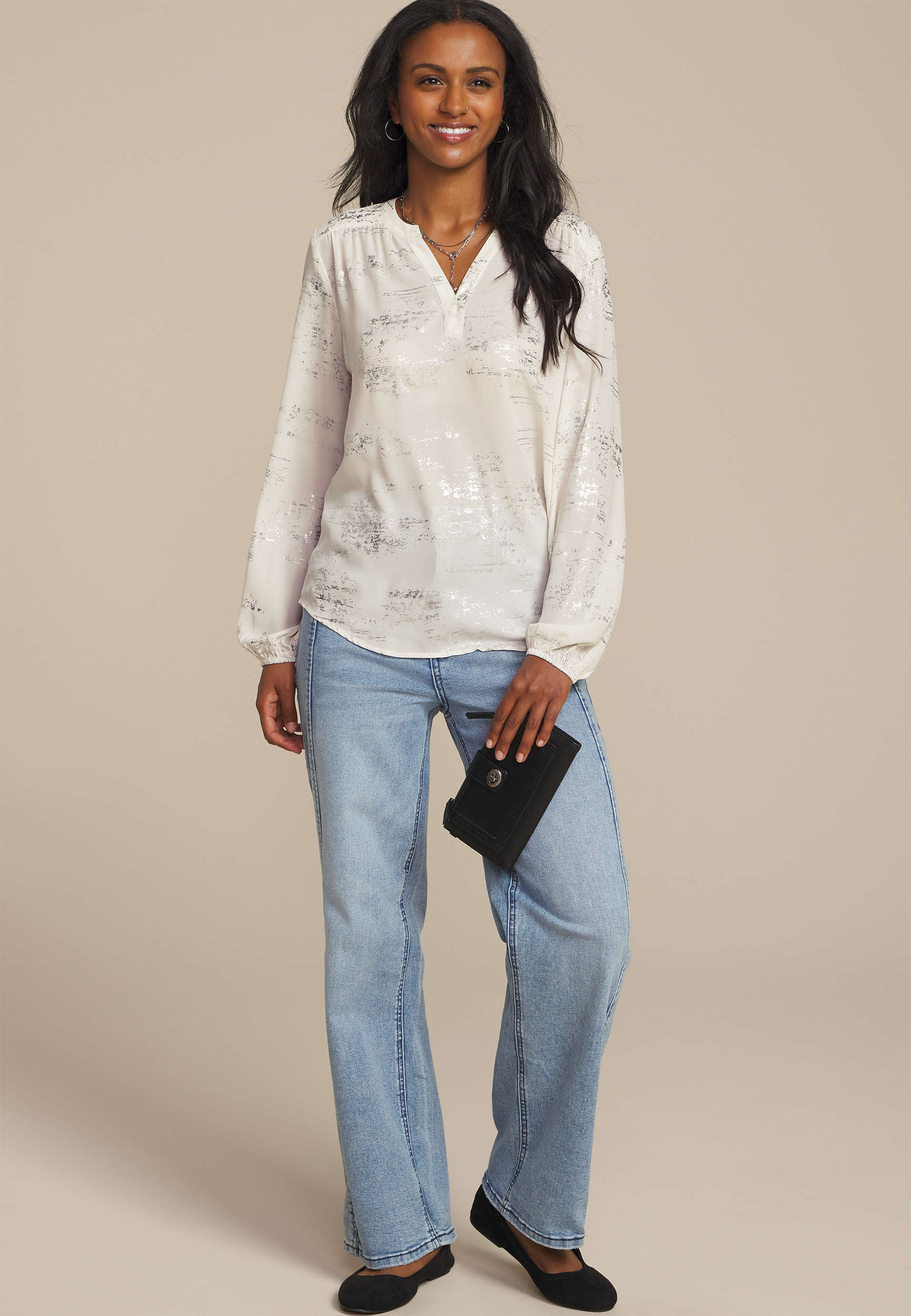 Metallic Abstract V Neck Blouse, , large