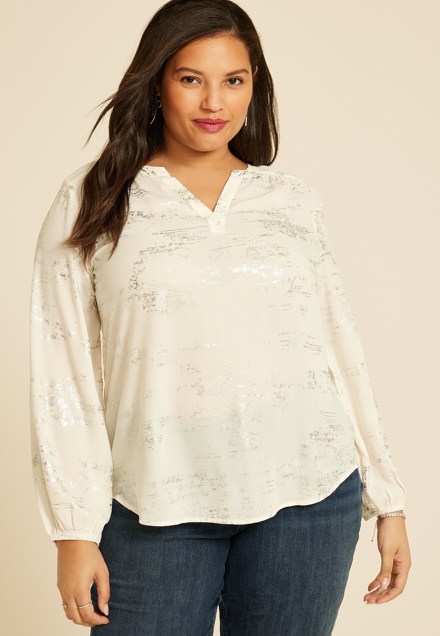 Plus Size Metallic Abstract V Neck Blouse