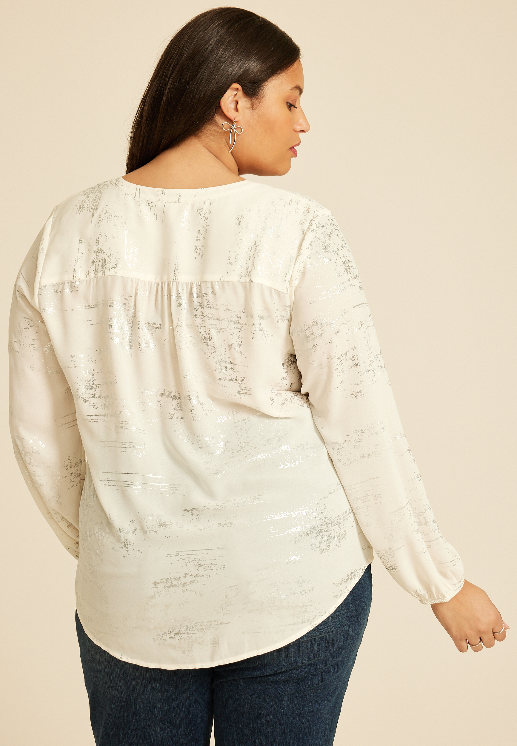 Plus Size Metallic Abstract V Neck Blouse, , large