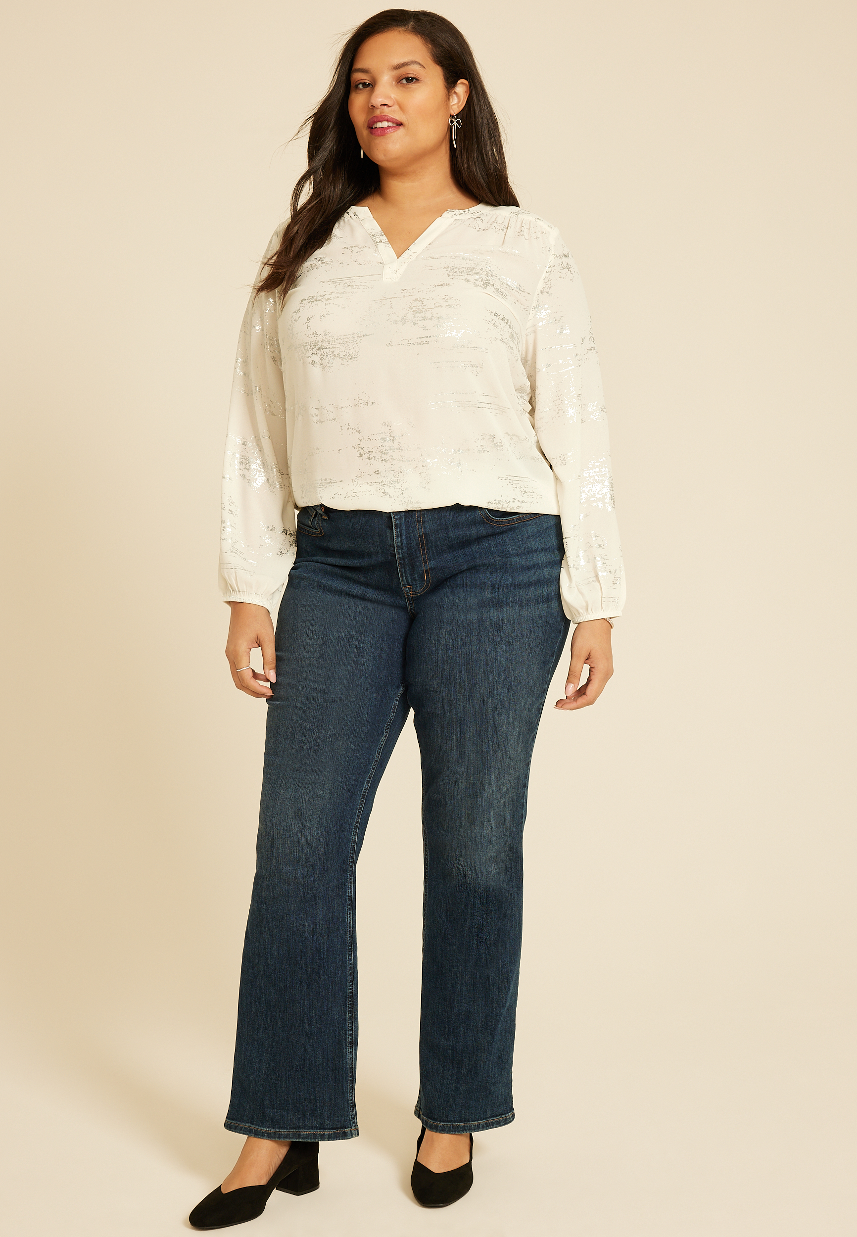 Plus Size Metallic Abstract V Neck Blouse, , large