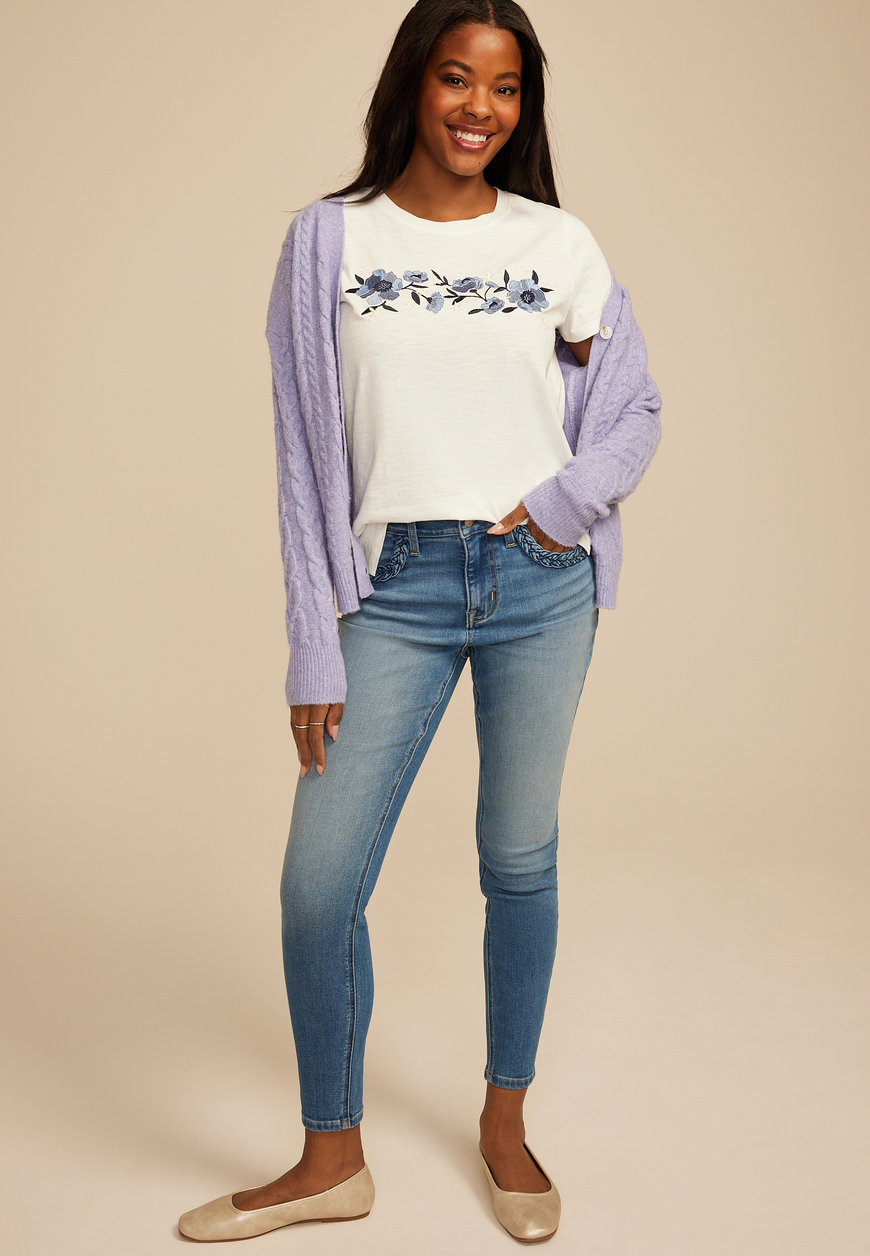 Floral Embroidered Classic Fit Graphic Tee, C4673, large