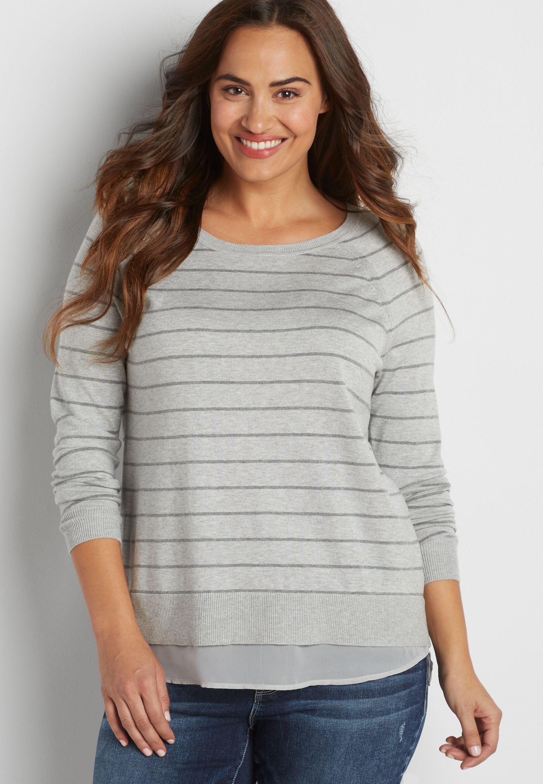 plus size striped pullover sweater with chiffon hem | maurices