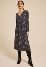 Floral V Neck Midi Dress, BLACK COMBO, small
