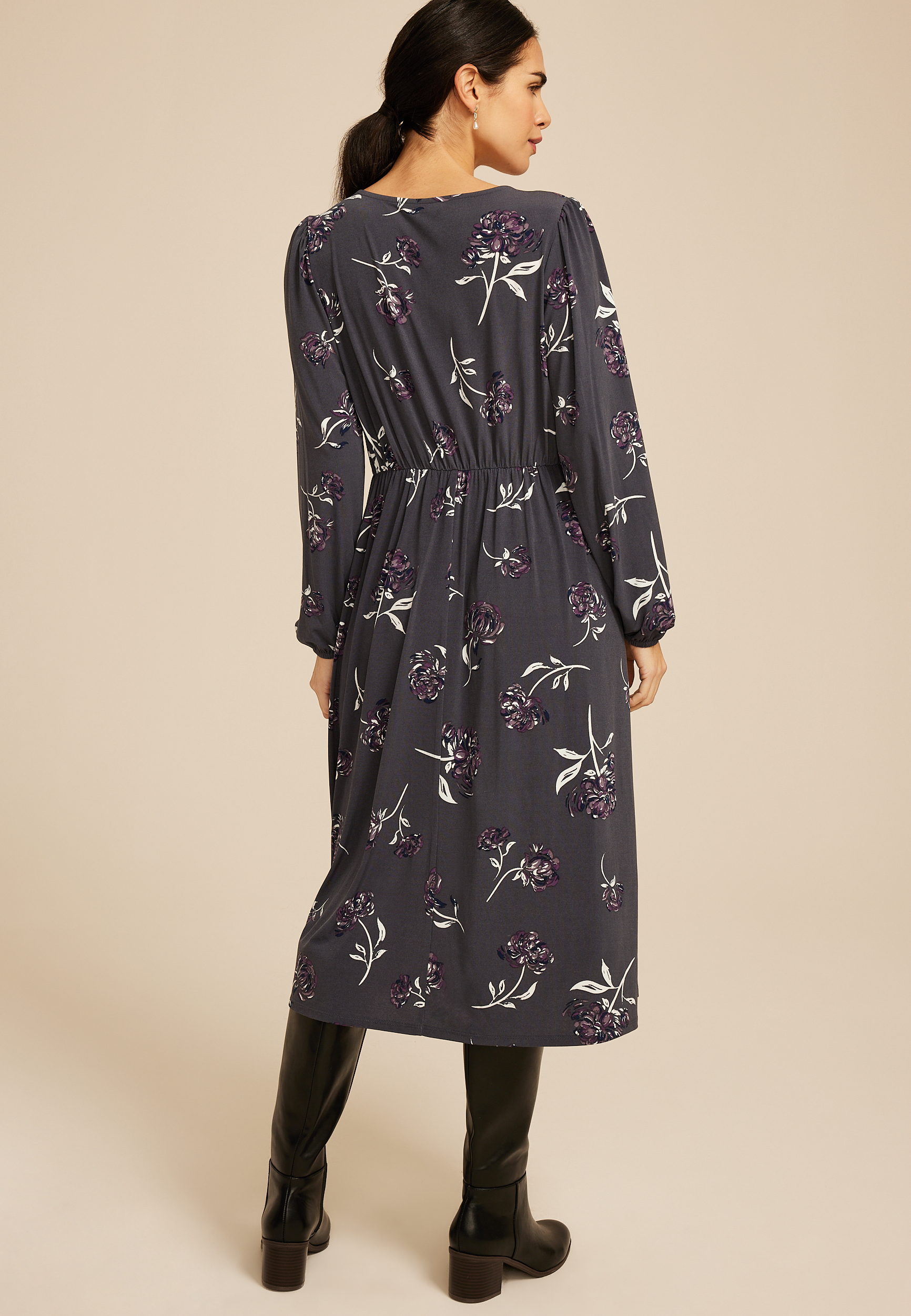 Floral V Neck Midi Dress, BLACK COMBO, large