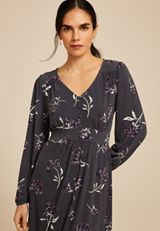 Floral V Neck Midi Dress, BLACK COMBO, small