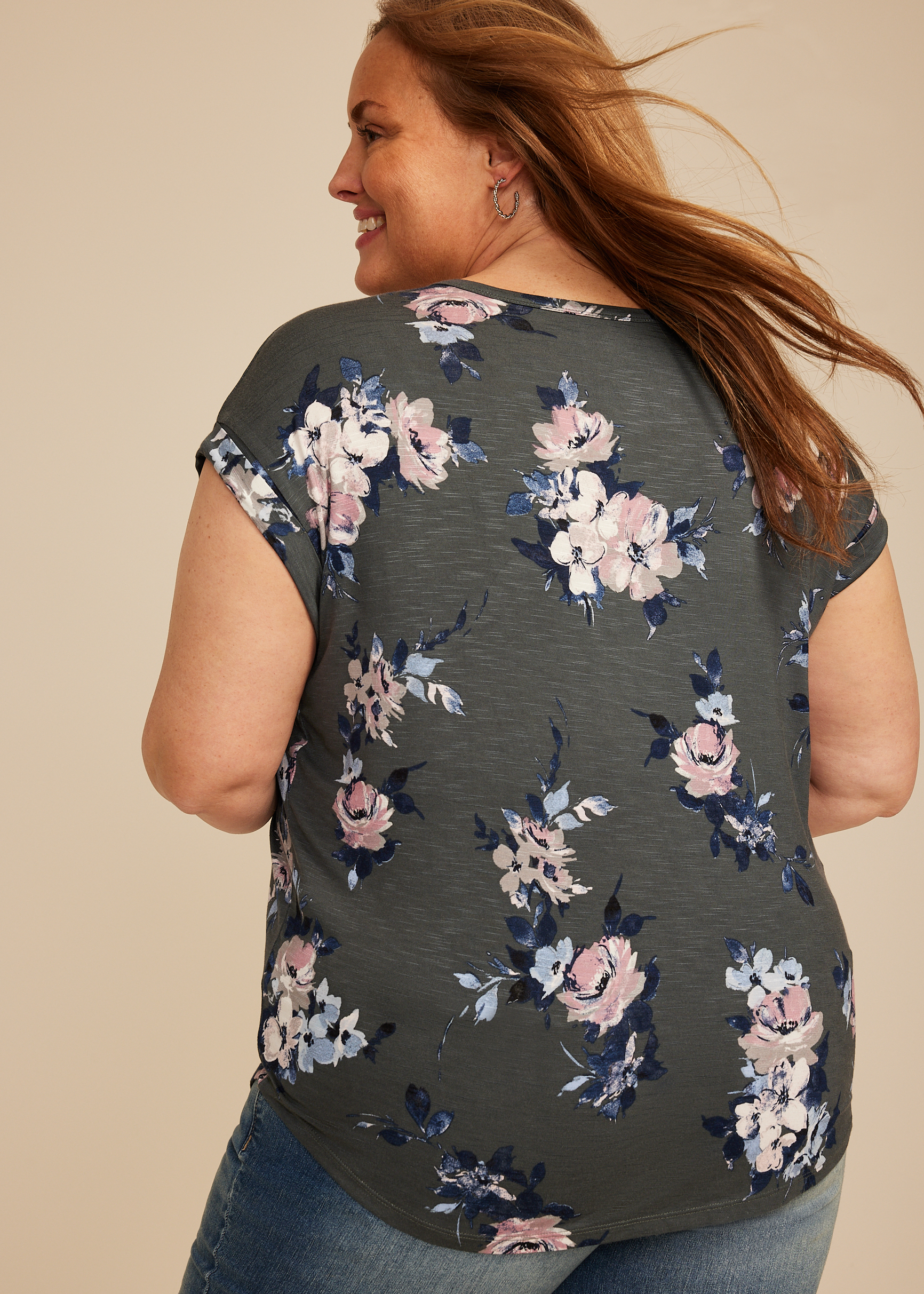 Plus Size 24/7 Floral Clara Tee, GREY MOON COMBO, large