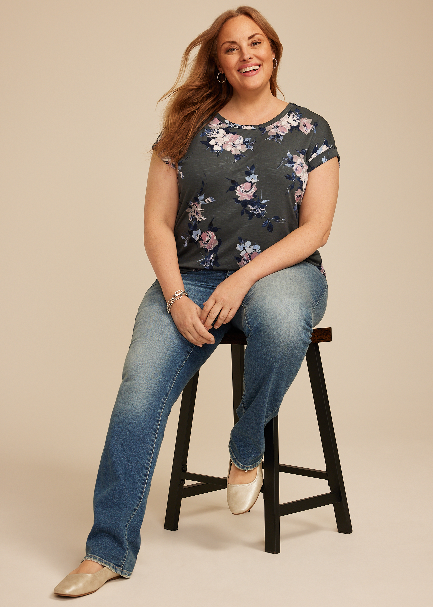 Plus Size 24/7 Floral Clara Tee, GREY MOON COMBO, large