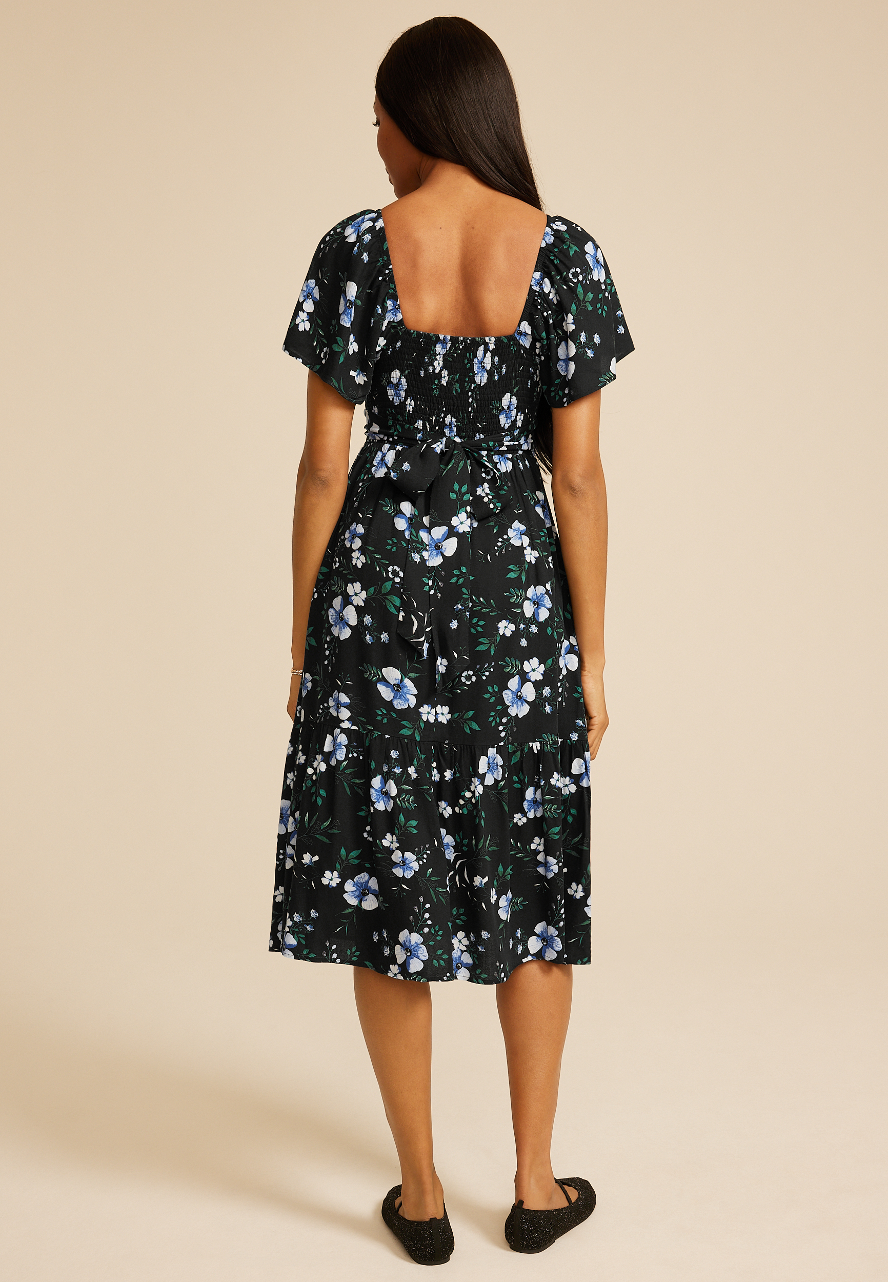 Floral Short Sleeve Tiered Midi Dress, C1756, large