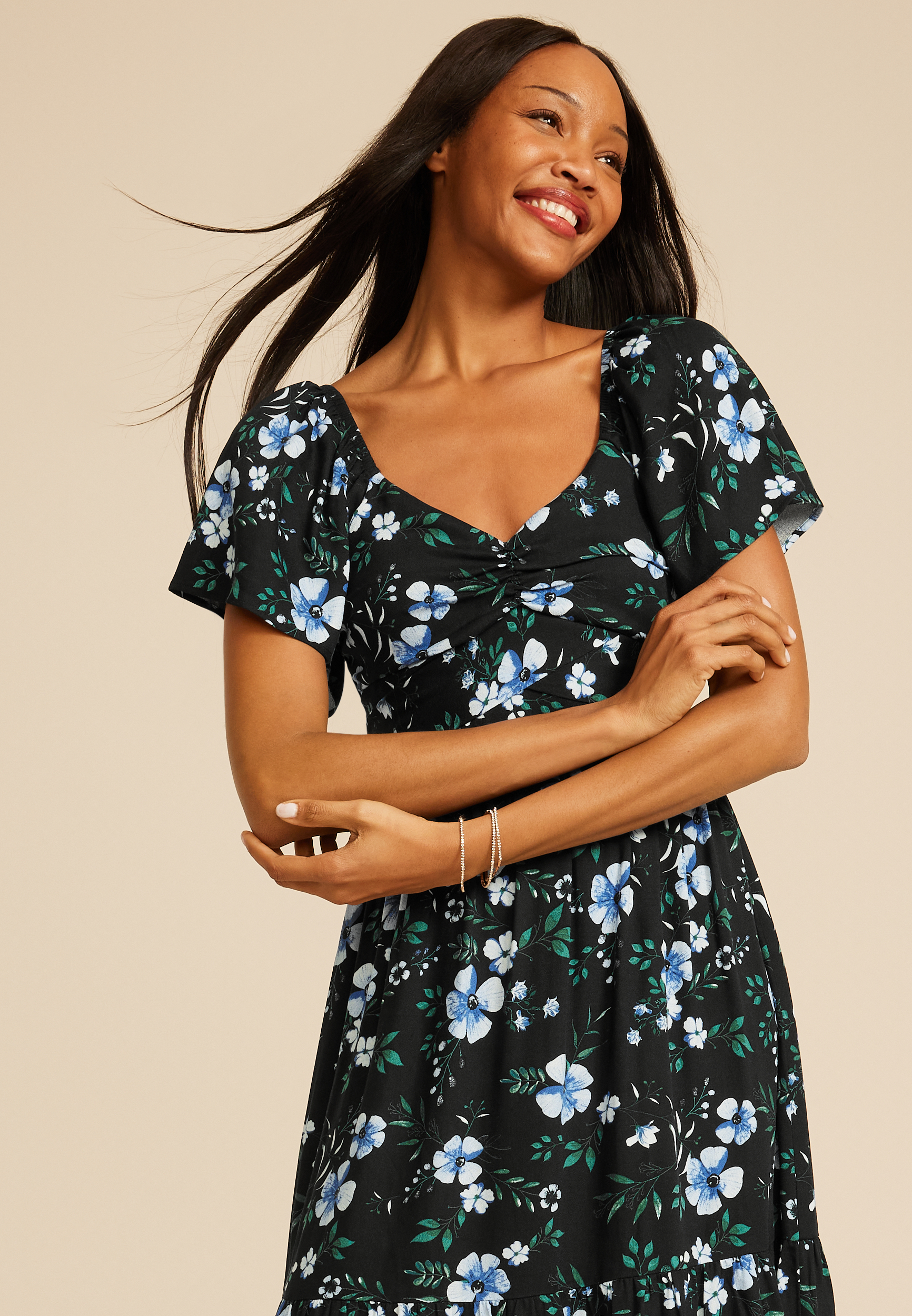 Maurices Women's Floral Short Sleeve Tiered Midi Dress Size X Small