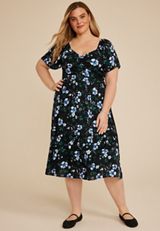 Plus Size Floral Short Sleeve Tiered Midi Dress, C1756, small