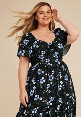 Plus Size Floral Short Sleeve Tiered Midi Dress, C1756, small