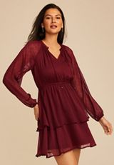 Burgundy Clip Dot Long Sleeve Mini Dress, C5212, small