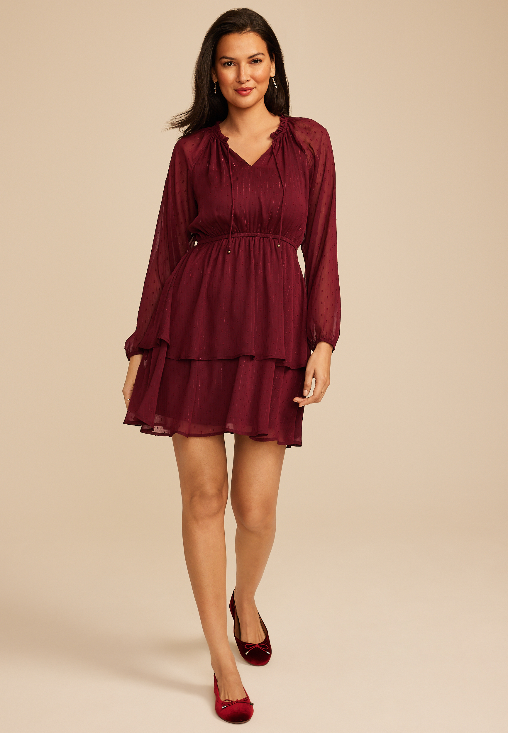 Burgundy Clip Dot Long Sleeve Mini Dress, C5212, large