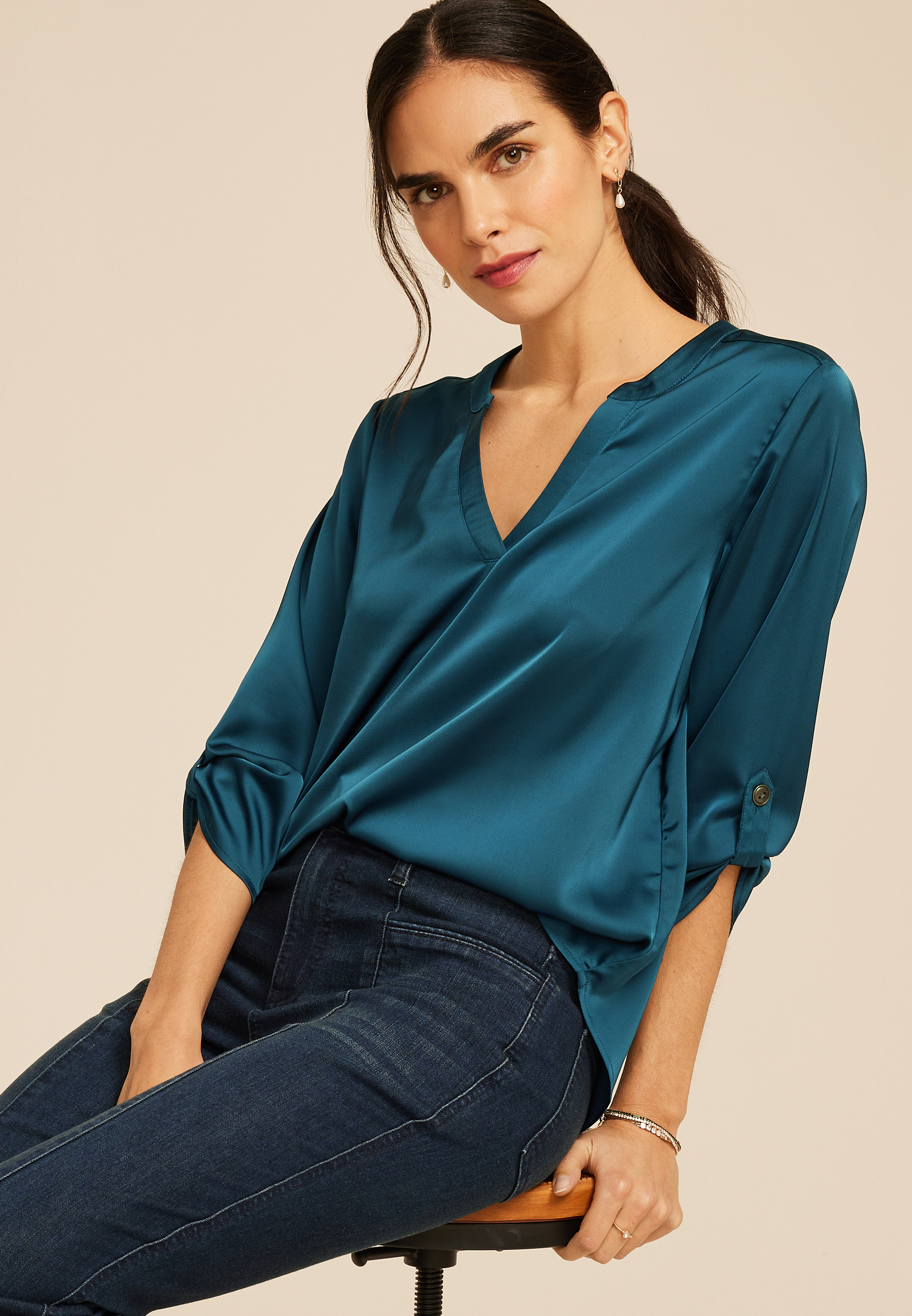 Atwood 3/4 Sleeve Popover Blouse, , large