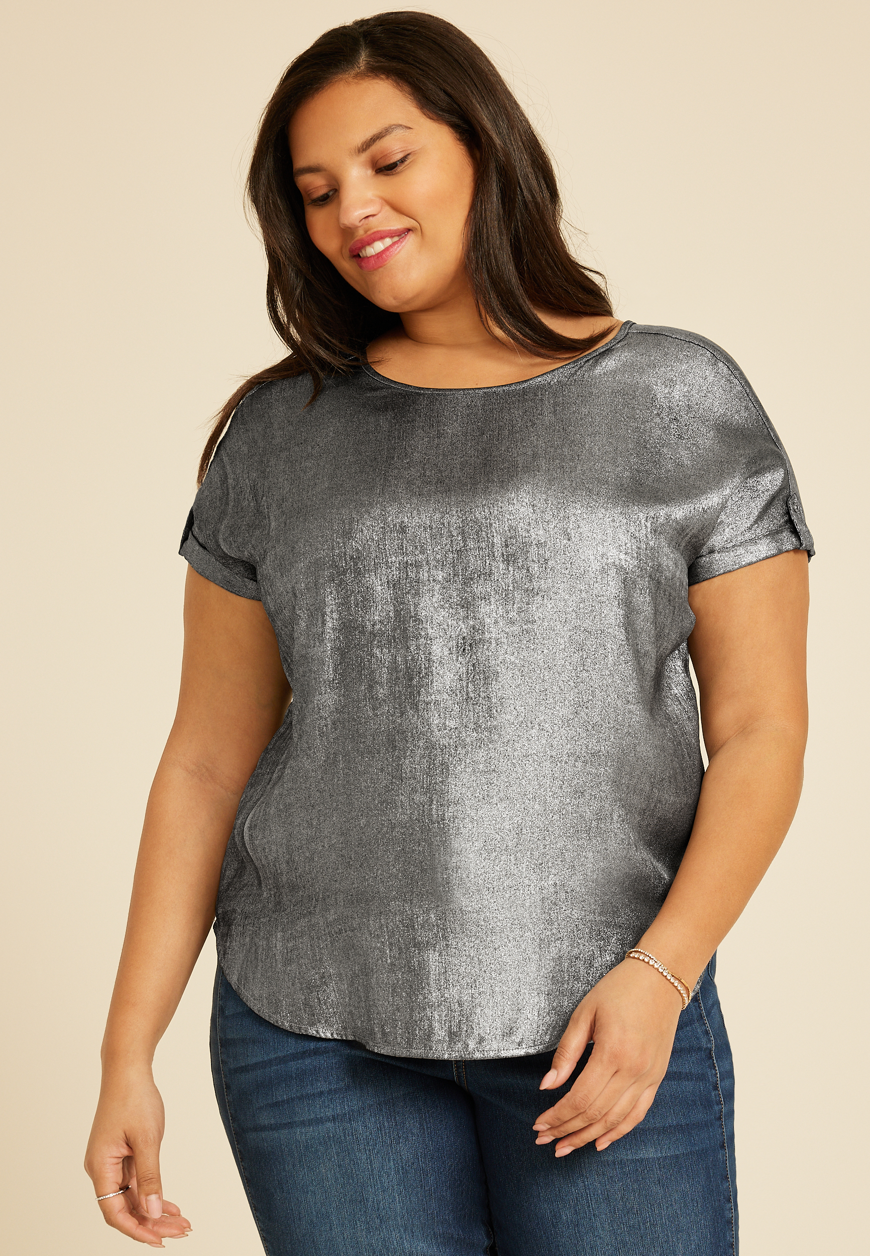 Plus Size Delton Metallic Zipper Back Blouse