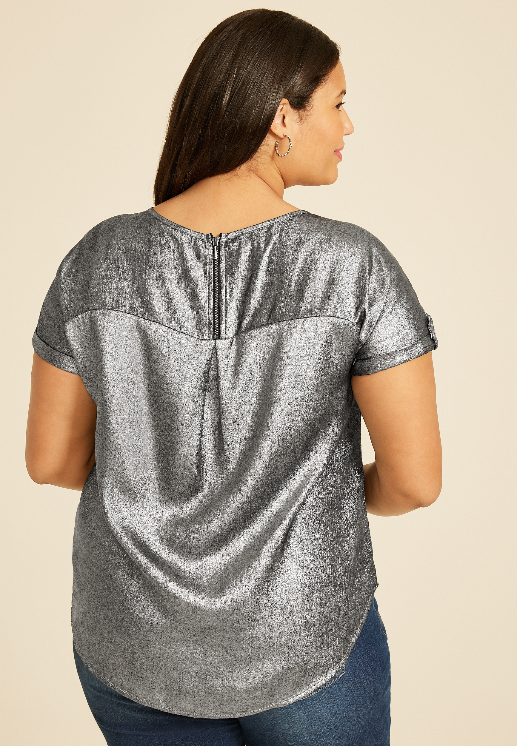 Plus Size Delton Metallic Zipper Back Blouse, , large