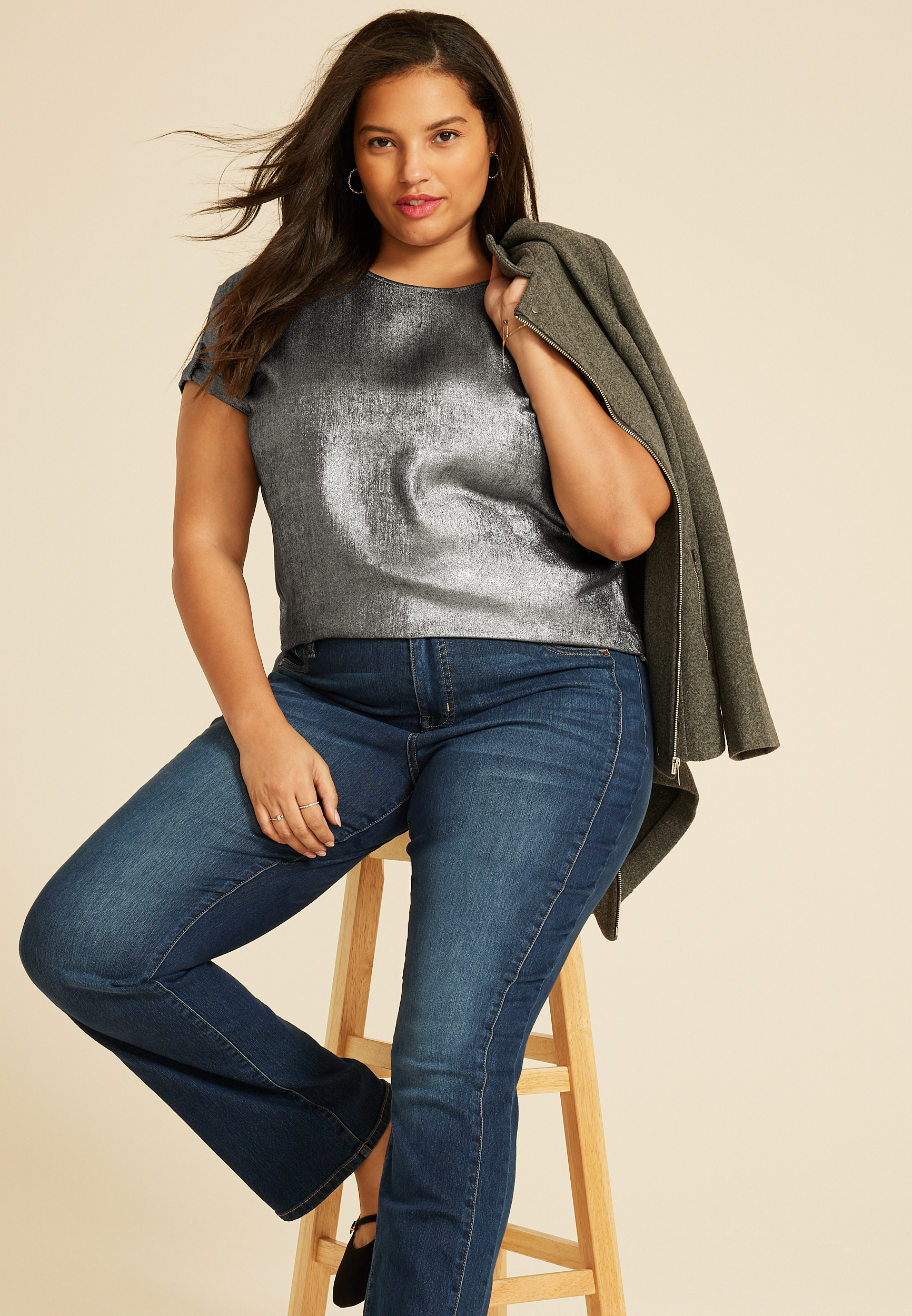 Plus Size Delton Metallic Zipper Back Blouse, , large