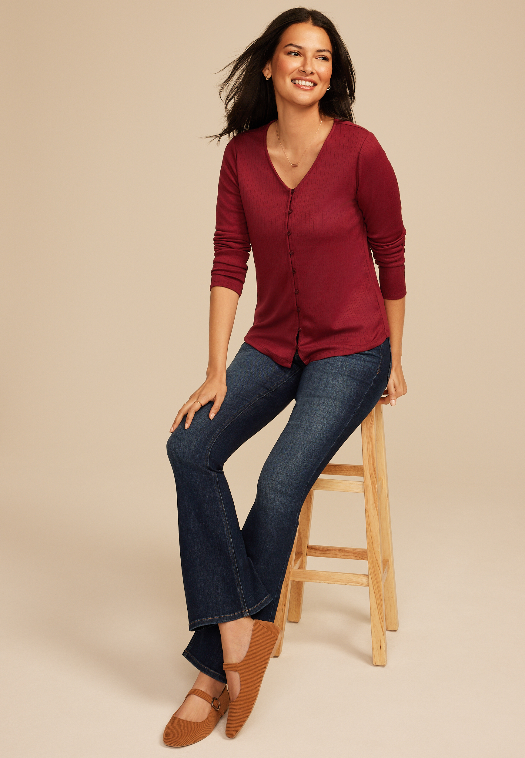 Pointelle Button Front V Neck Top, C7061, large