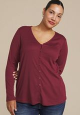 Plus Size Pointelle Button Front V Neck Top, CABERNET, small