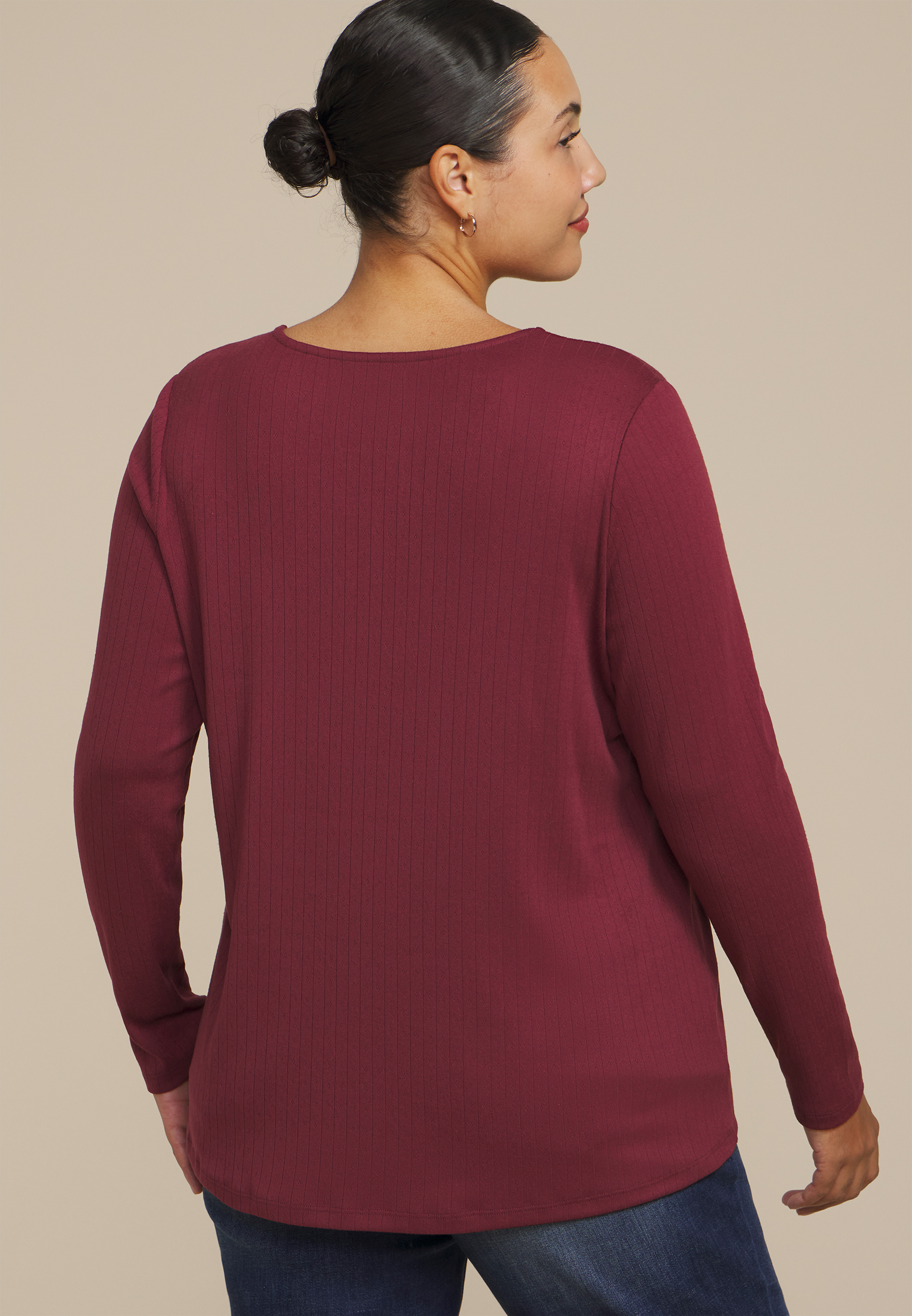 Plus Size Pointelle Button Front V Neck Top, CABERNET, large
