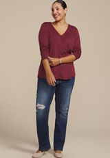 Plus Size Pointelle Button Front V Neck Top, CABERNET, small