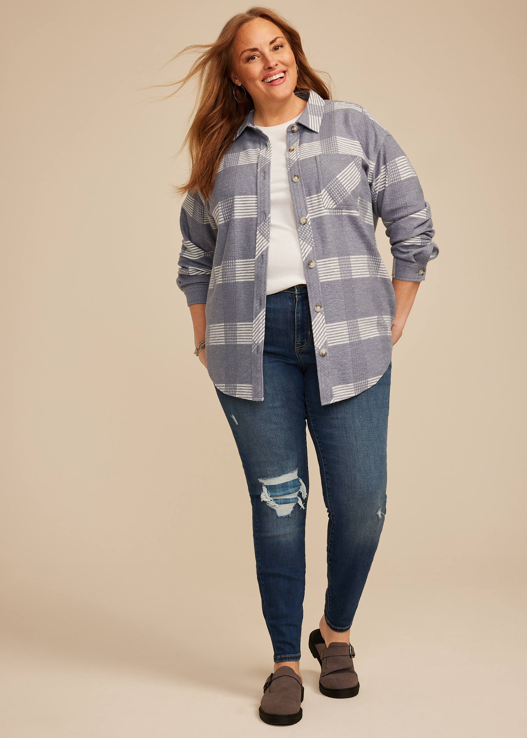 Plus Size Plaid Fleece Oversized Shacket, C5885, large