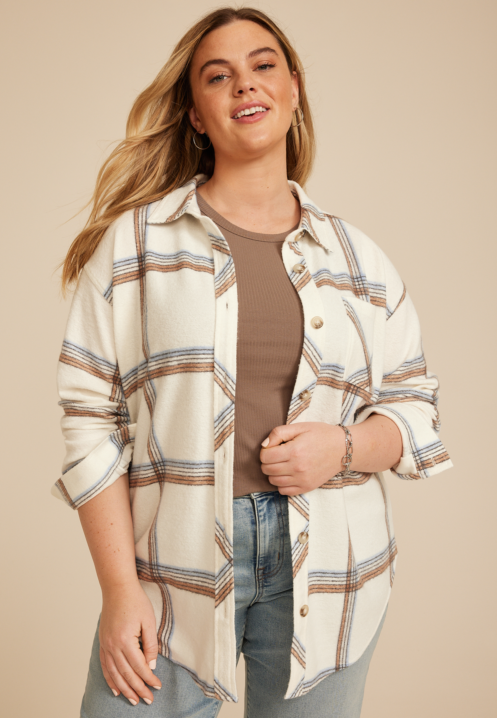 Plus Size Plaid Fleece Oversized Shacket