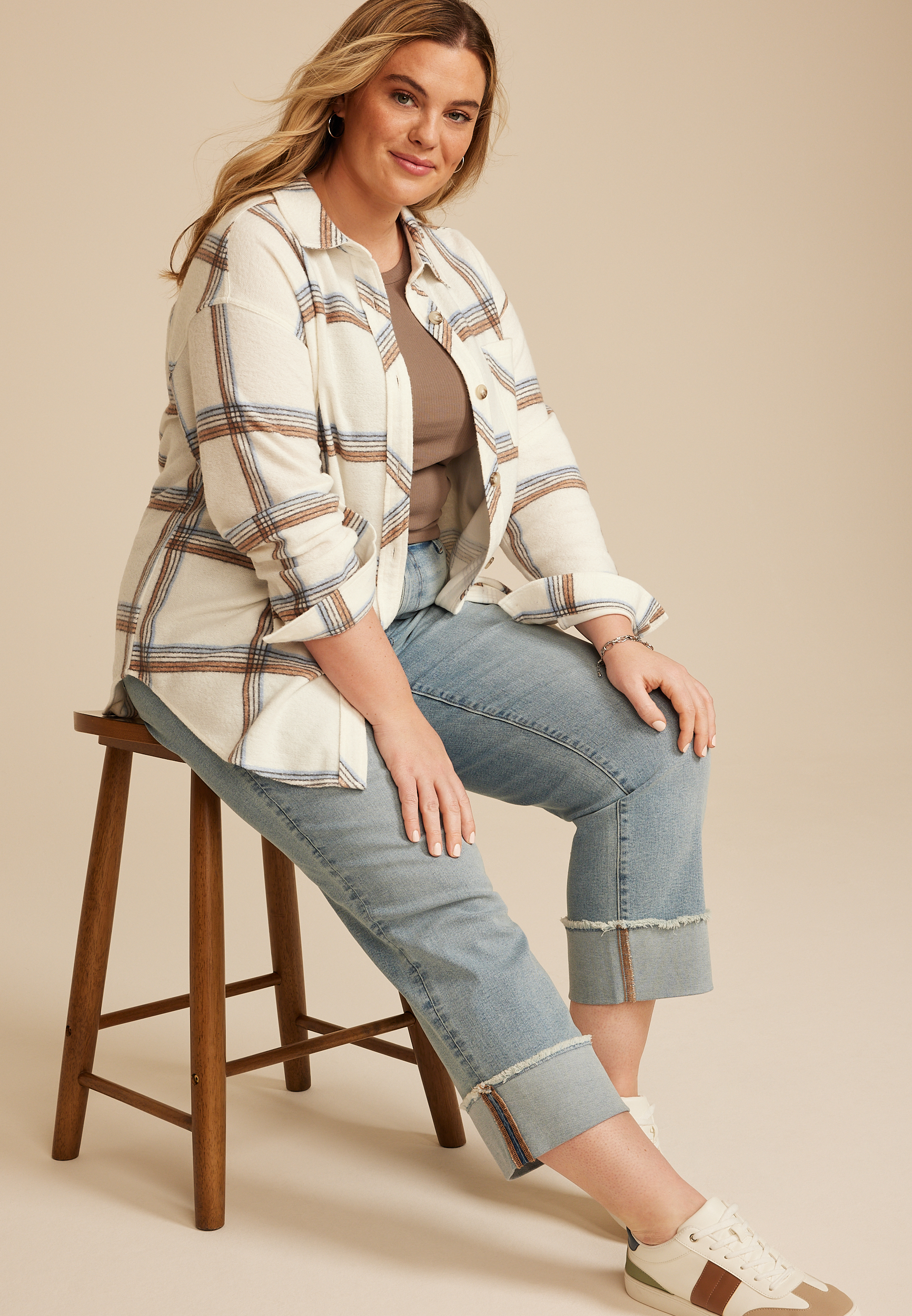 Plus Size Plaid Fleece Oversized Shacket, C1524, large