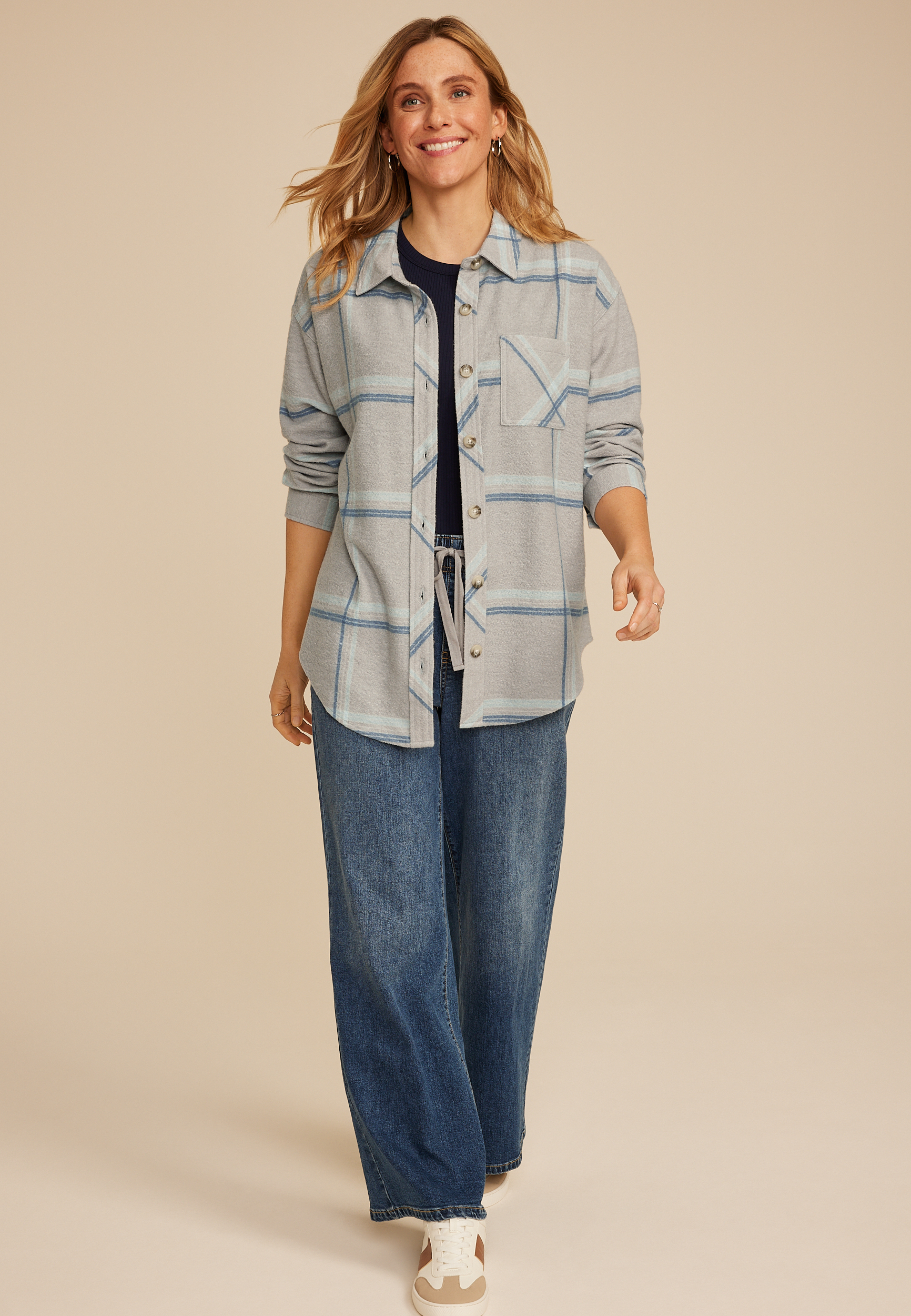 Plaid Fleece Oversized Shacket, C1755, large