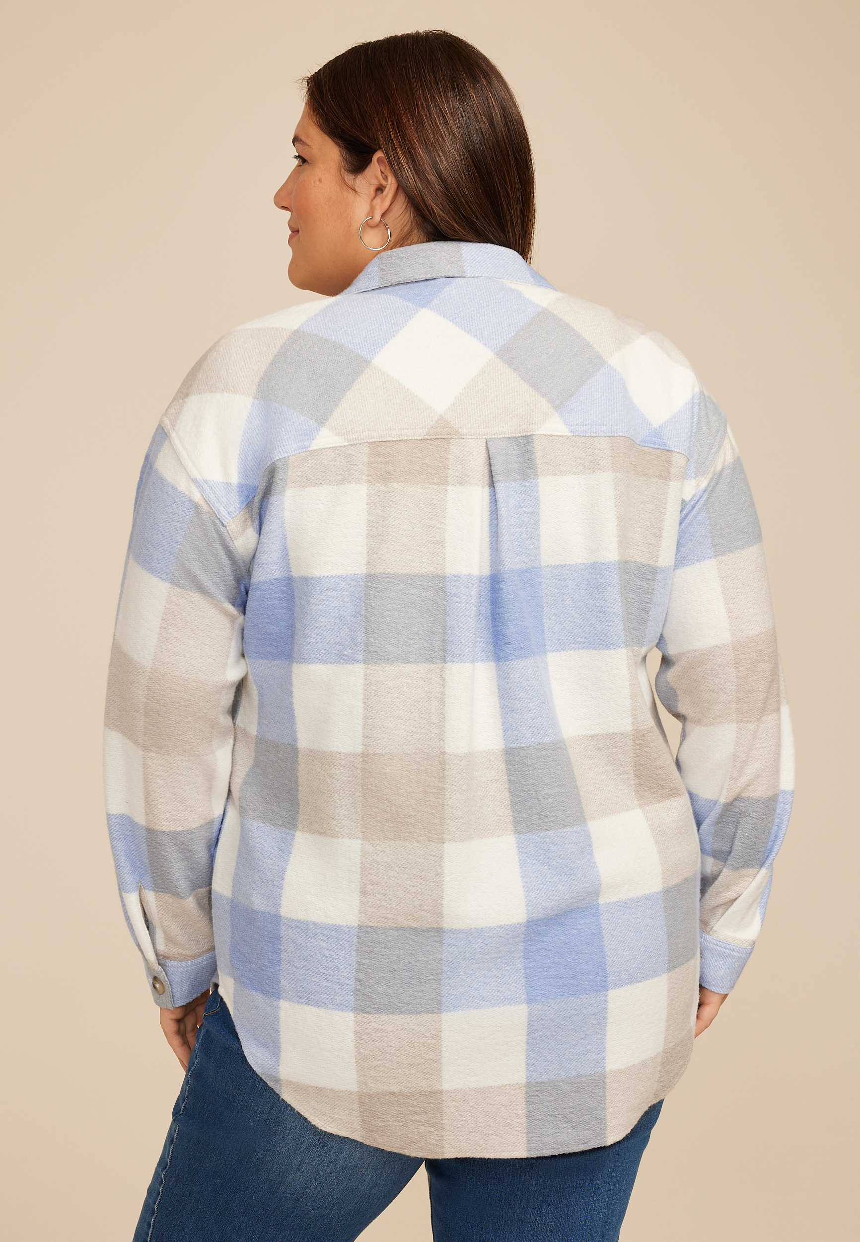Plus Size Plaid Fleece Oversized Shacket, C507, large