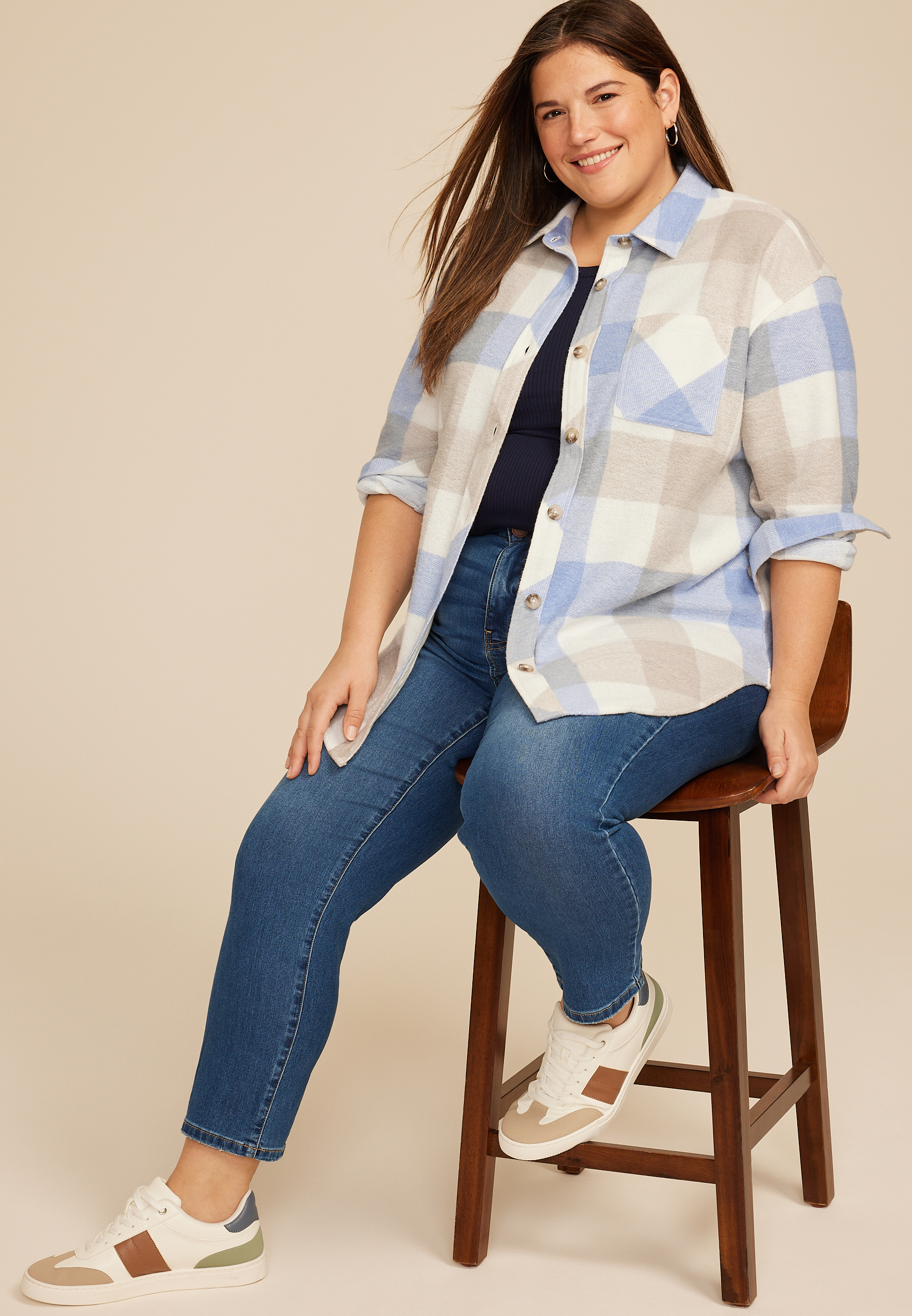 Plus Size Plaid Fleece Oversized Shacket, C507, large