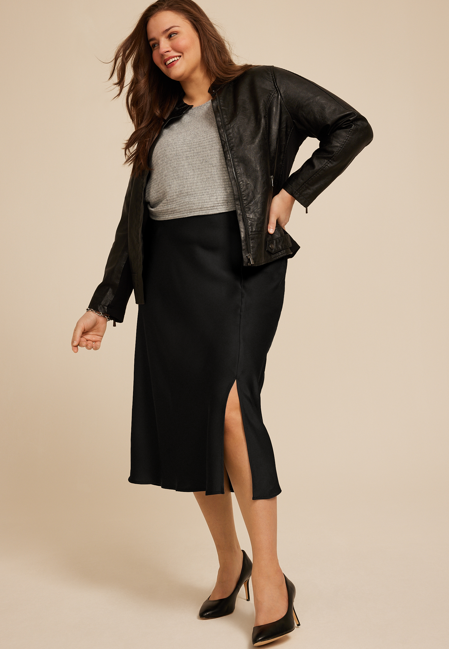 Plus Size Studio Y Satin High Rise Midi Skirt, , large