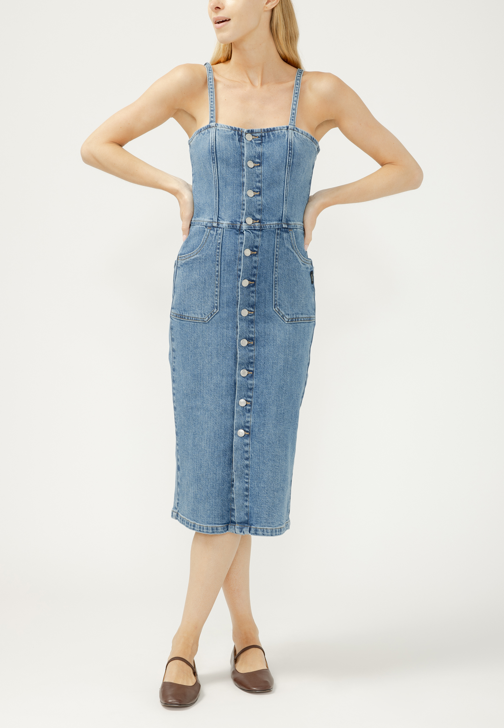 Button Front Denim Midi Dress