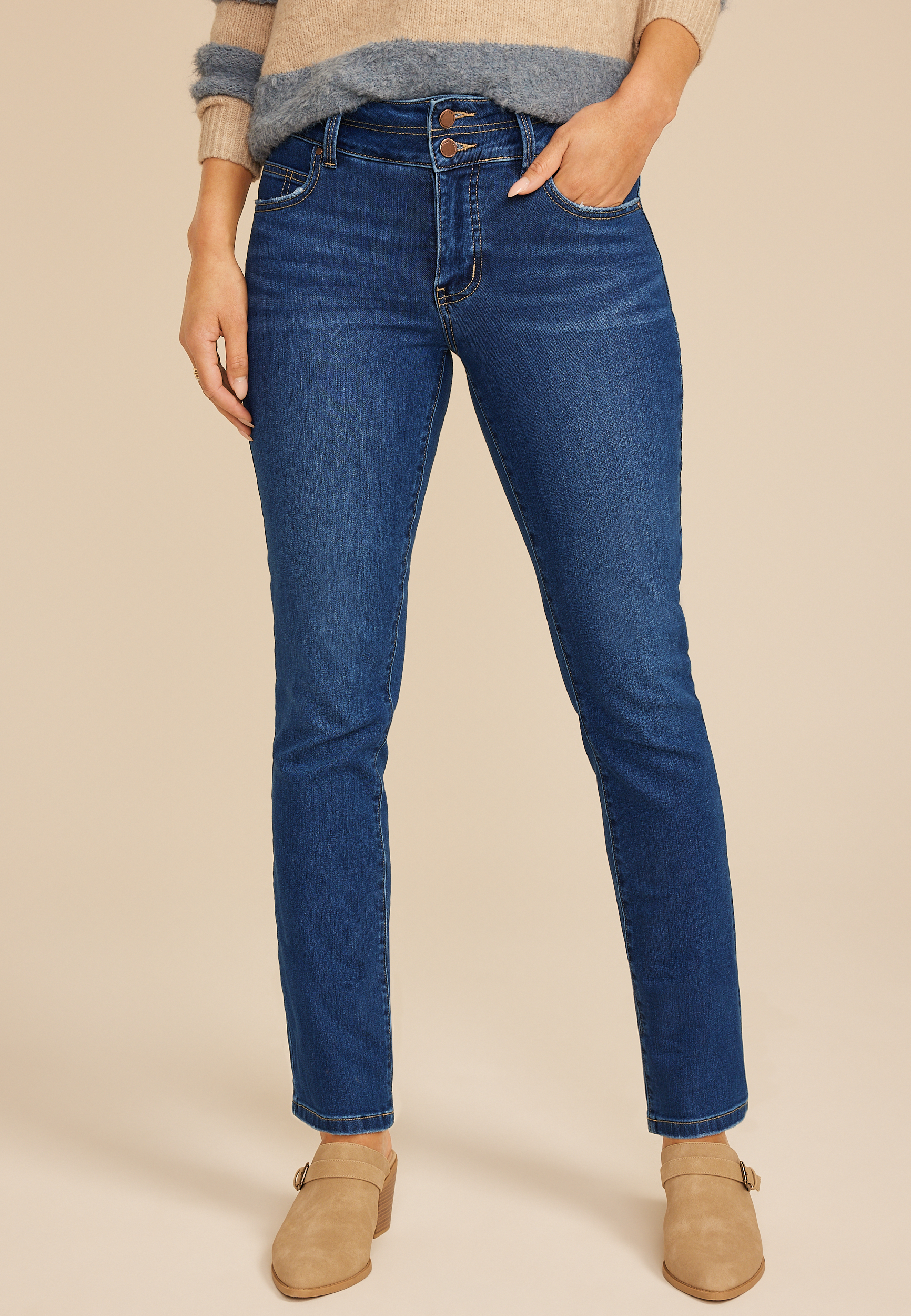Everflex&trade; High Rise Stacked Waist Slim Straight Ankle Jean