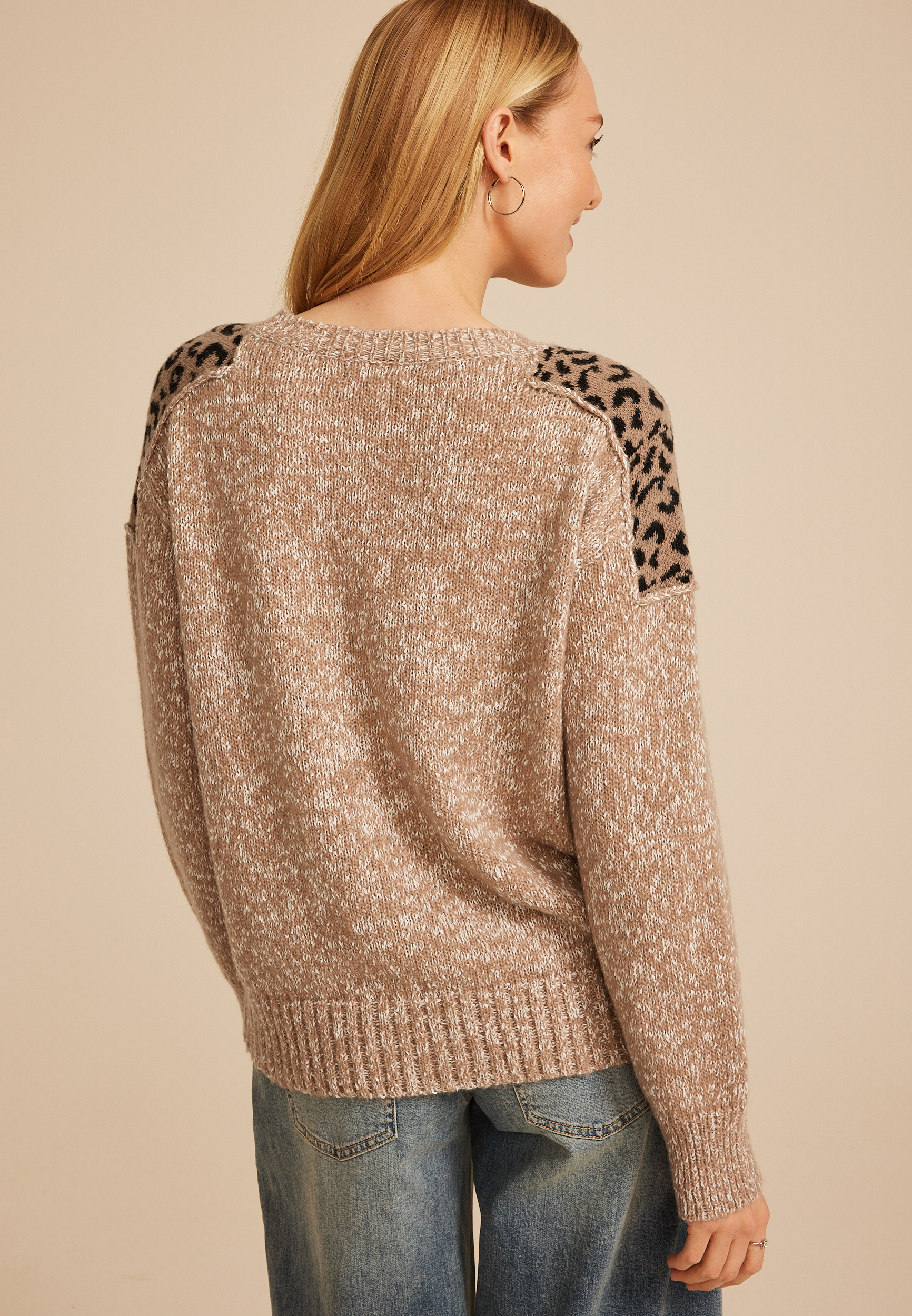Leopard Marled Crew Neck Sweater, C5883, large