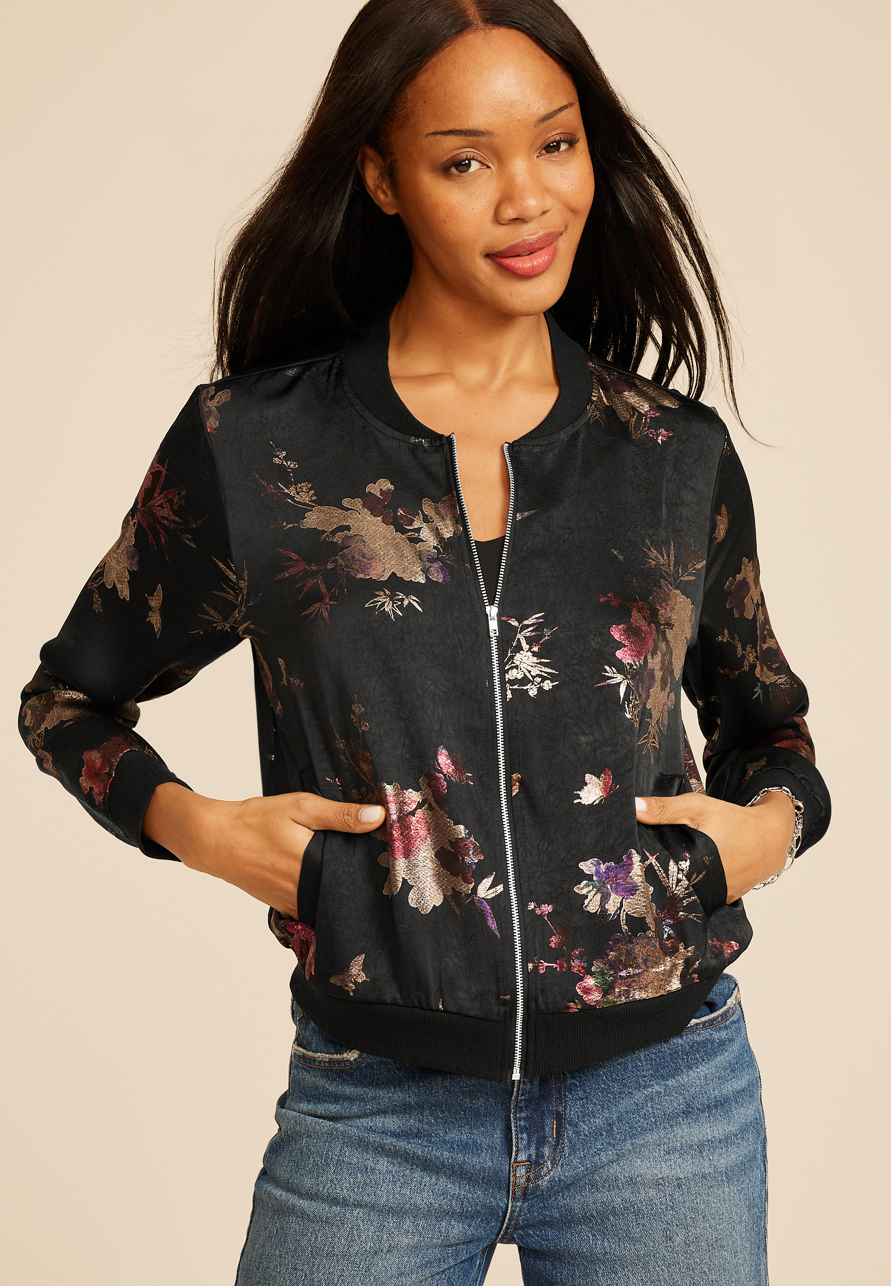 Studio Y Metallic Floral Bomber Jacket