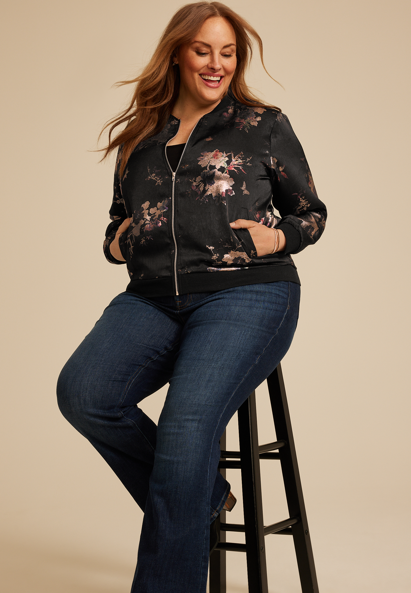 Plus Size Studio Y Metallic Floral Bomber Jacket, C1756, large