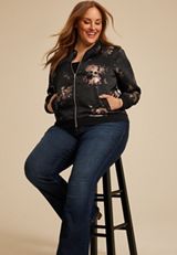 Plus Size Studio Y Metallic Floral Bomber Jacket, C1756, small