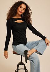 Studio Y Shimmer Ribbed Cutout Knit Top, BLACK, small