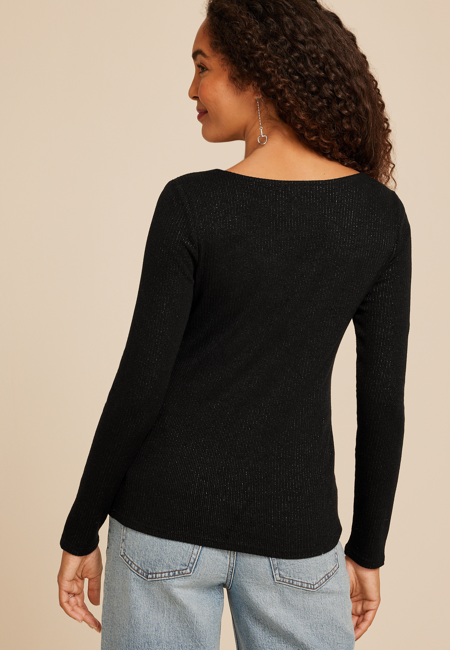 Studio Y Shimmer Ribbed Cutout Knit Top, BLACK, large