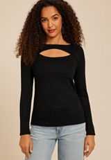 Studio Y Shimmer Ribbed Cutout Knit Top, BLACK, small