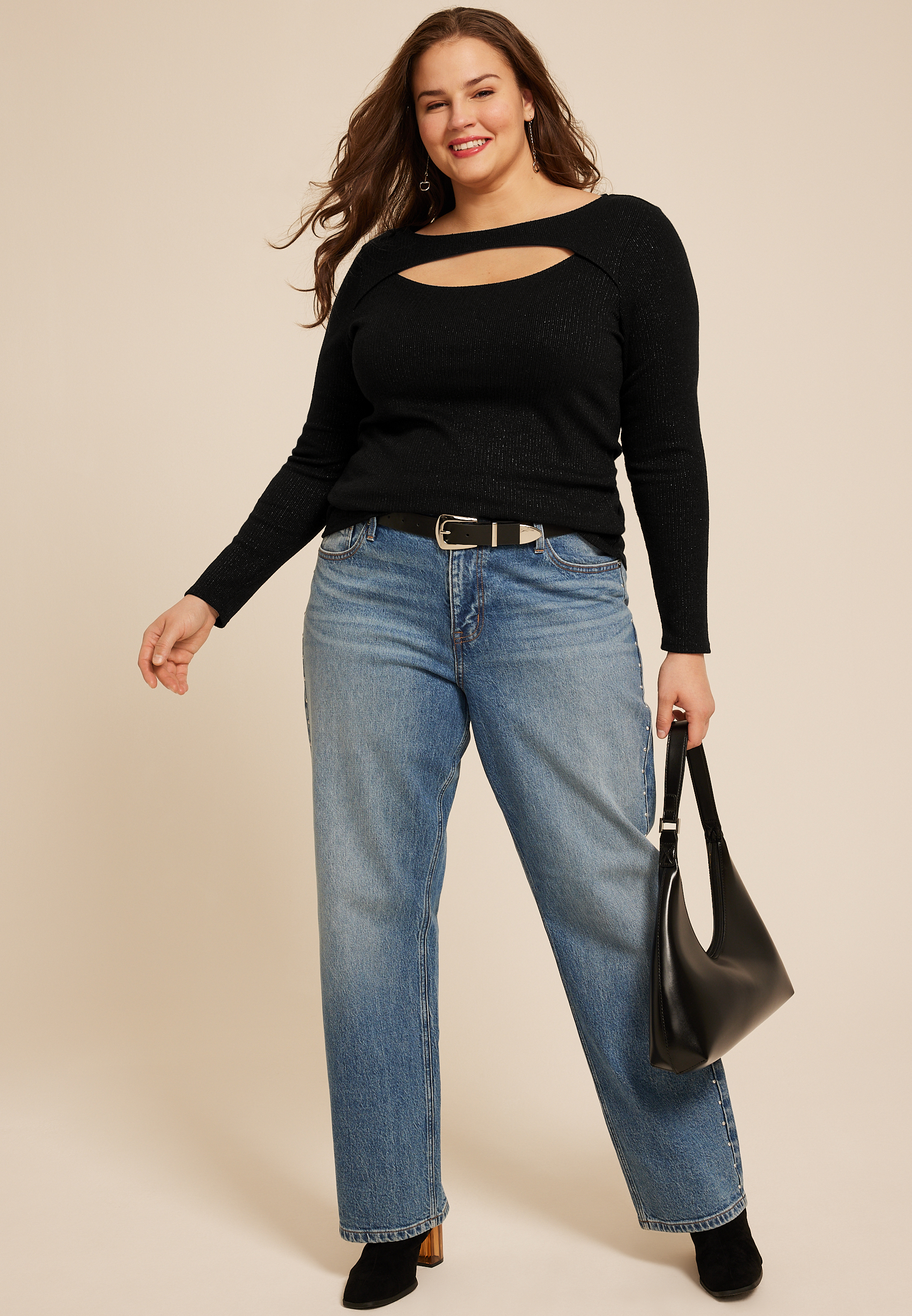 Plus Size Studio Y Shimmer Ribbed Cutout Knit Top, C106, large