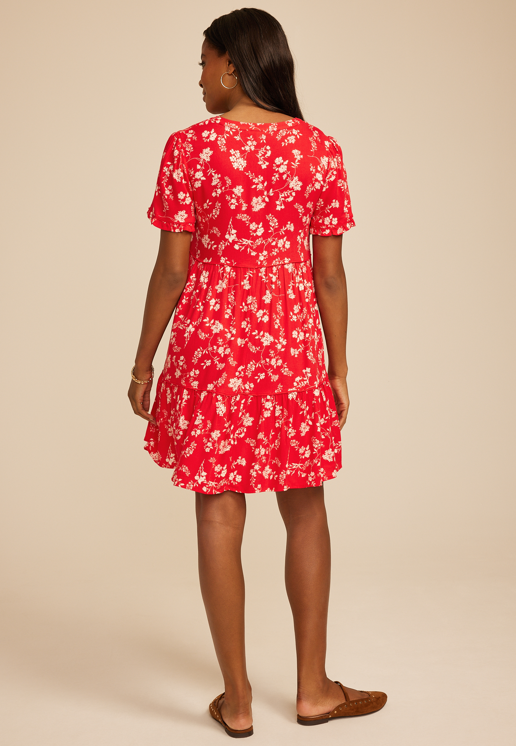 Red Floral Tiered Mini Dress, RED COMBO, large