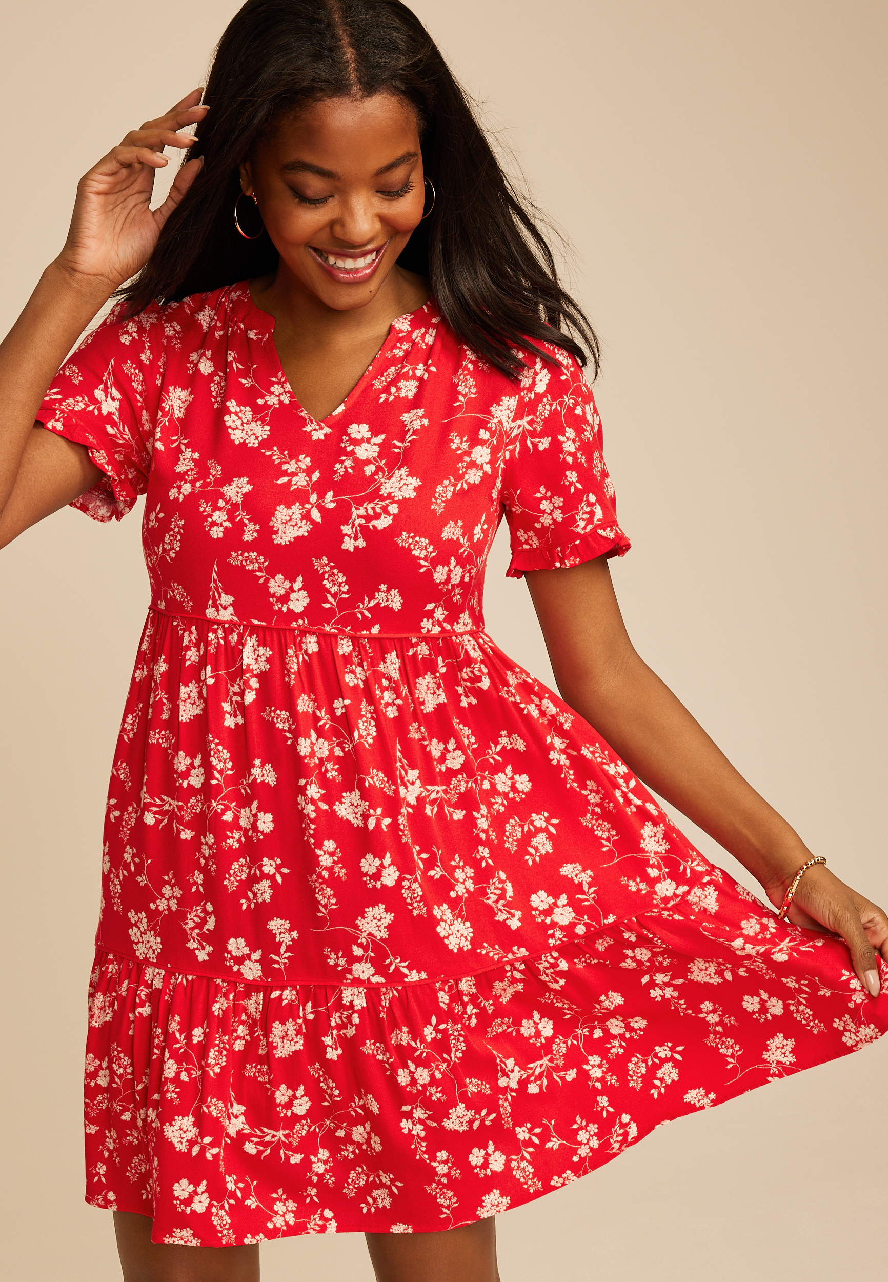 Red Floral Tiered Mini Dress